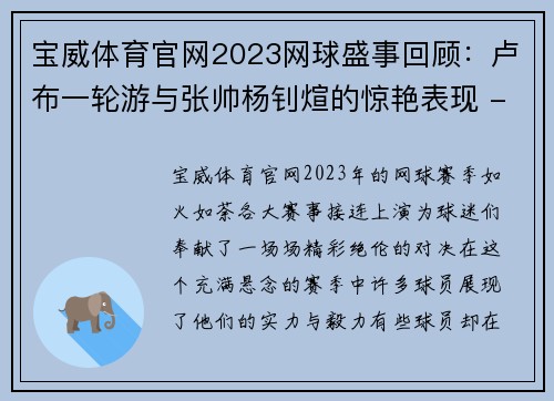 宝威体育官网2023网球盛事回顾：卢布一轮游与张帅杨钊煊的惊艳表现 - 副本 (2)