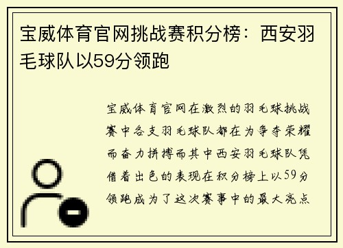 宝威体育官网挑战赛积分榜：西安羽毛球队以59分领跑