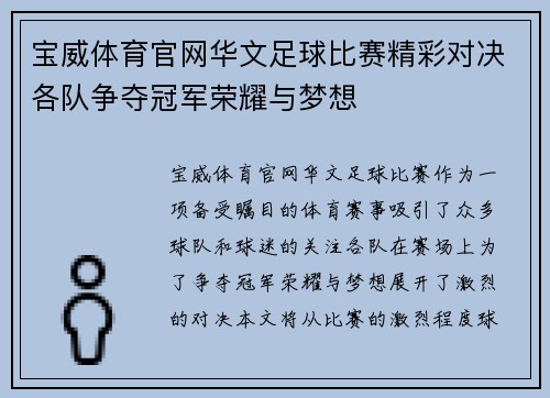 宝威体育官网华文足球比赛精彩对决各队争夺冠军荣耀与梦想