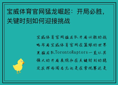 宝威体育官网猛龙崛起：开局必胜，关键时刻如何迎接挑战