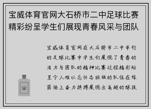 宝威体育官网大石桥市二中足球比赛精彩纷呈学生们展现青春风采与团队精神