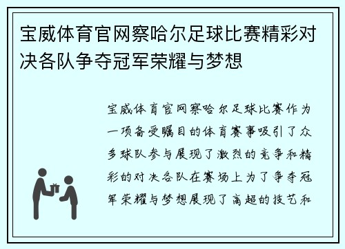 宝威体育官网察哈尔足球比赛精彩对决各队争夺冠军荣耀与梦想