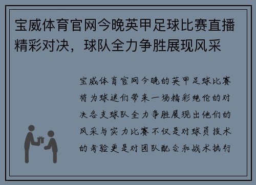 宝威体育官网今晚英甲足球比赛直播精彩对决，球队全力争胜展现风采
