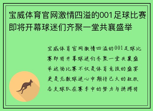 宝威体育官网激情四溢的001足球比赛即将开幕球迷们齐聚一堂共襄盛举