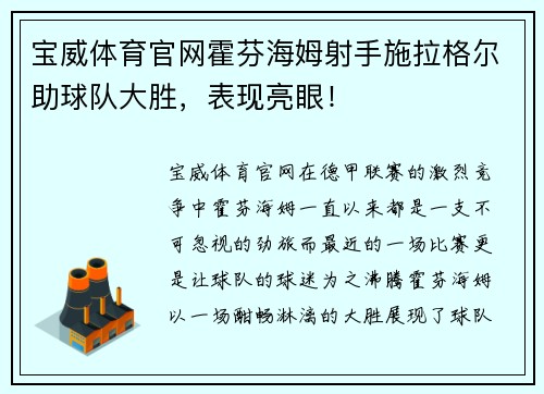 宝威体育官网霍芬海姆射手施拉格尔助球队大胜，表现亮眼！